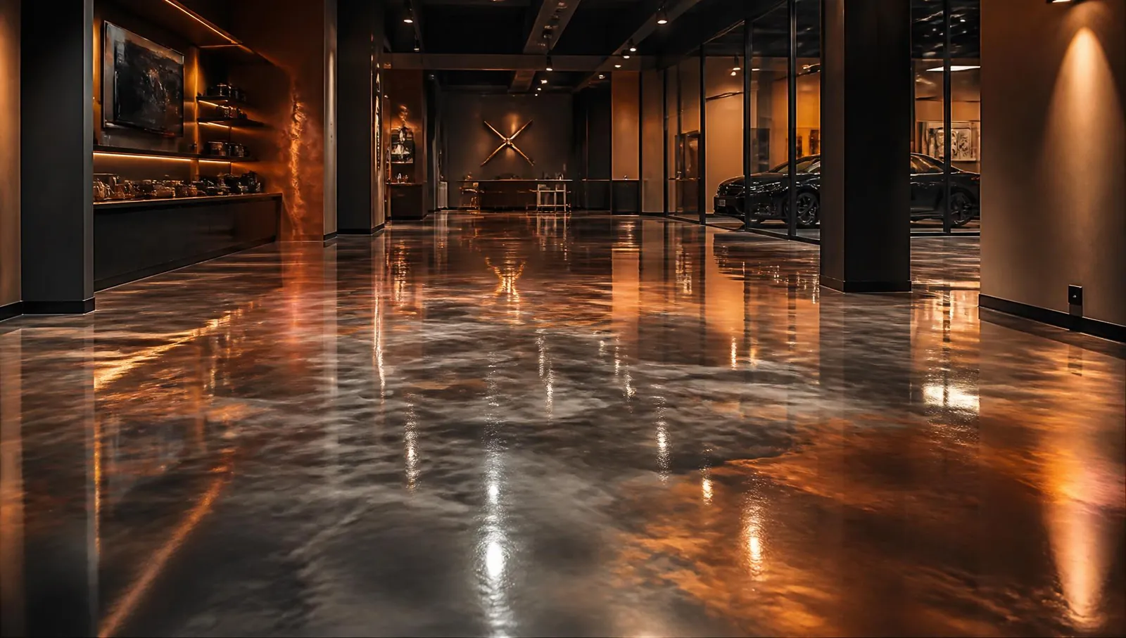 Sparkling high-gloss epoxy floor reflecting warm light