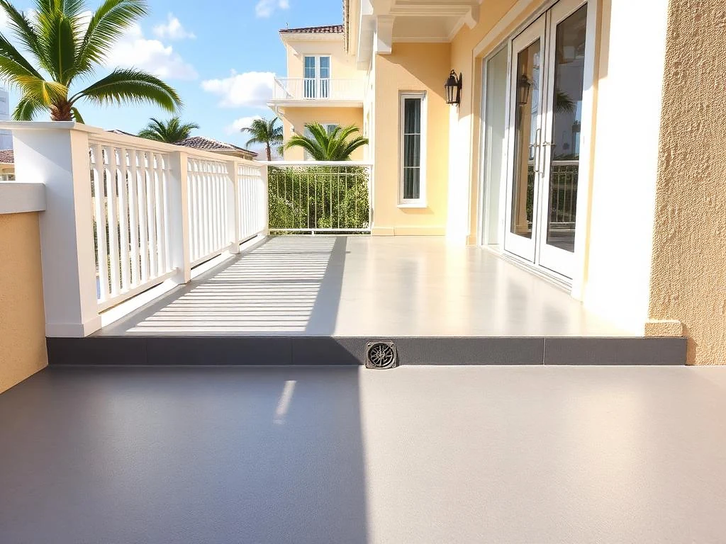 Waterproofed concrete balcony deck with a seamless membrane surface