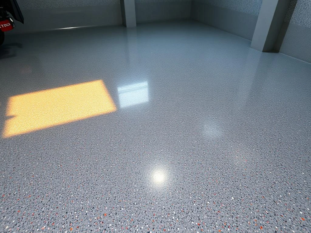 Decorative grey flake resin epoxy floor with a seamless glossy finish