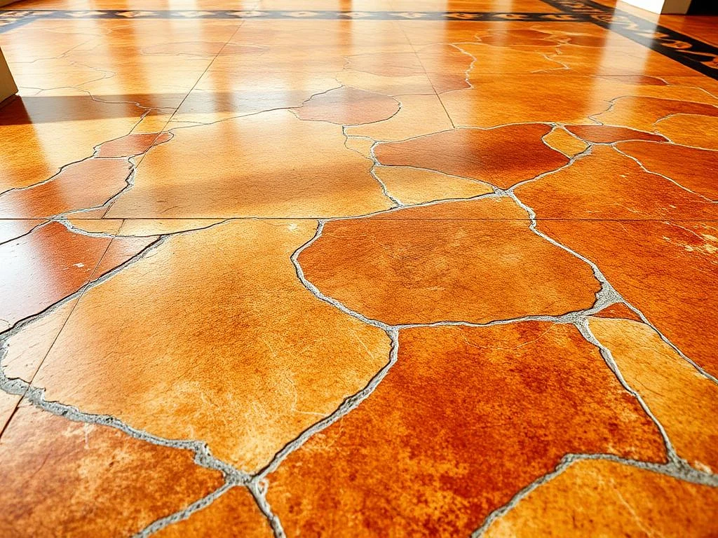 Acid-stained decorative concrete floor in warm amber and brown tones