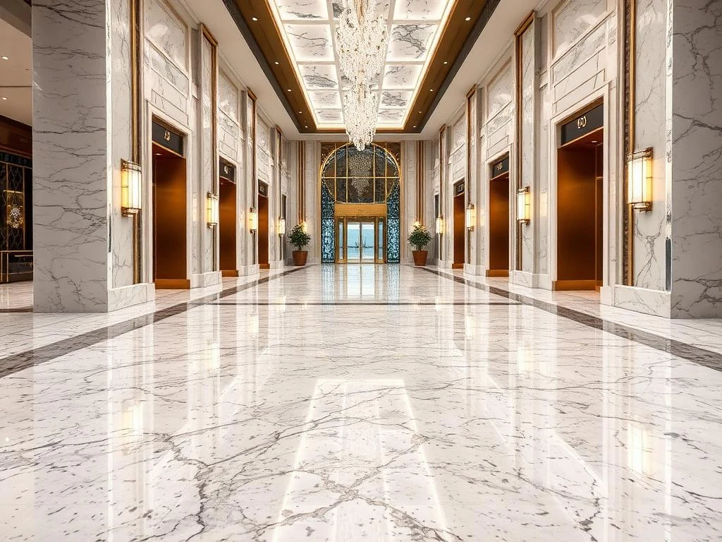 Polished terrazzo lobby floor with a mirror high-gloss finish