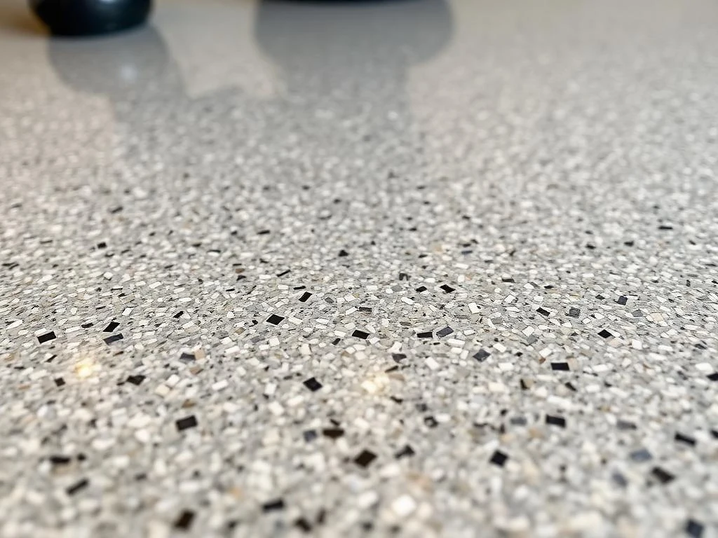 Decorative grey flake resin epoxy floor coating close up