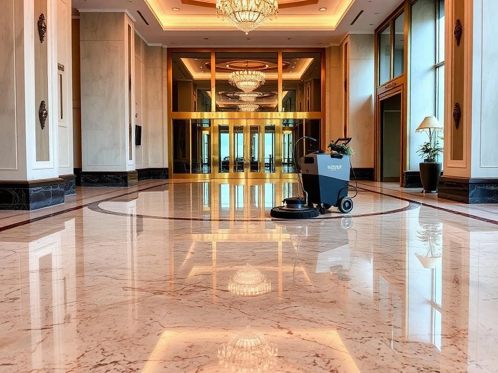 Polished terrazzo lobby floor with a mirror finish